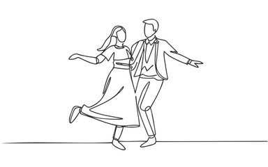 A single line drawing of a joyful, adorable married couple dancing