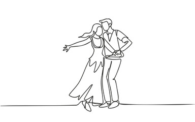 A single line drawing of a joyful, adorable married couple dancing