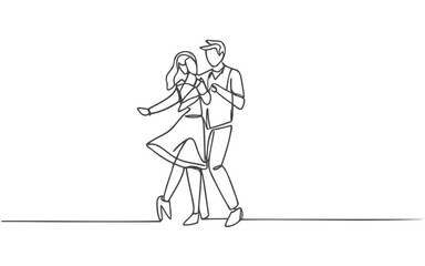 A single line drawing of a joyful, adorable married couple dancing