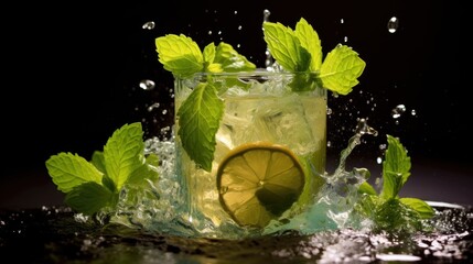 Mint Julep cocktail with lime, mint and ice on black background. Mint Julep. Alcoholic Drink Concept. Cocktail.