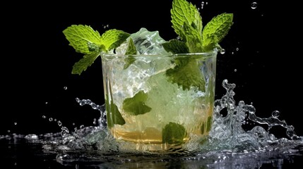 Mint Julep cocktail with ice and mint, isolated on black background. Mint Julep. Alcoholic Drink Concept. Cocktail.