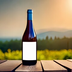 Wine Bottle Mock-Up. Blank Label, Bottle Mockup on Wooden Table, Natural Light