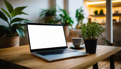 Wooden table arrangement with a laptop displaying a white screen, a cup of coffee, and a beautifully blurred potted plant in the background, minimalist workspace 