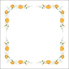 Colorful vegetal ornamental frame with nasturtium flowers and pumpkins, decorative border, corners for greeting cards, banners, business cards, invitations, menus. Isolated vector illustration.	