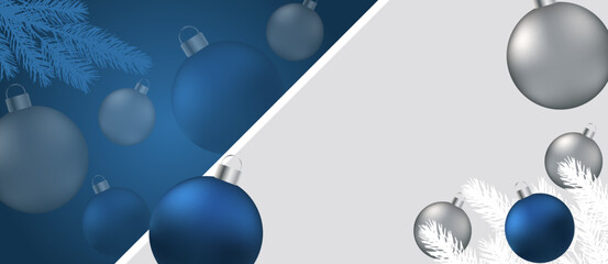 vector greeting card with place for text on a blue background. Christmas banner with blue and silver Christmas balls