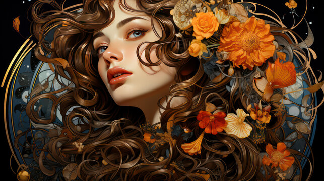 Abstract modern Art Nouveau portrait of young woman with flowers on face hides her eyes