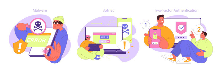 Cyber Security in action. A vigilant user detects Malware threats, counters Botnet attacks, and champions Two-Factor Authentication. Vector flat illustration. - obrazy, fototapety, plakaty