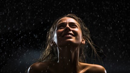 Beautiful young brunette girl dancing in the rain on a summer festival