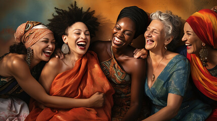 The Splendid Symphony of Diverse Ethnice, A Captivating Portrait of Joyful Swomanhood, where Beauty Unites a Group of People in Shared Laughter and Unbridled Happiness