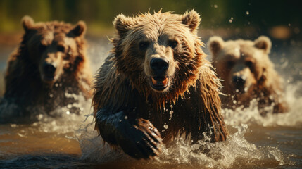 Bears in wild nature, running on camera. Action wildlife scene with dangerous animal. Grizzly running along the rocky shore of the river.