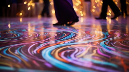 A close-up shot captures the vibrant colors and intricate designs of a dance floor prepared for a wedding celebration