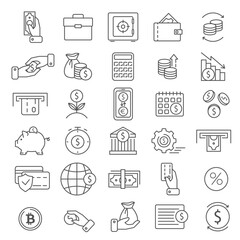 Bank and finance icon set. Business and corporation vector signs. Money Related Vector Line Icons.