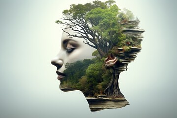 Nature's Crown: A Woman's Head Adorned with a Majestic Tree Blossoming - obrazy, fototapety, plakaty