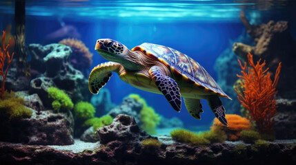 Fototapeta premium contented pet turtle, well-cared-for in its aquarium