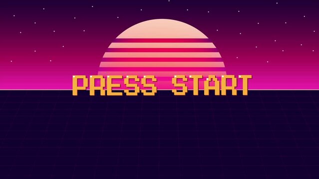 PRESS START.pixel art .8 bit game. retro game. for game assets. Retro Futurism Sci-Fi Background. glowing neon grid and star from vintage arcade computer games
