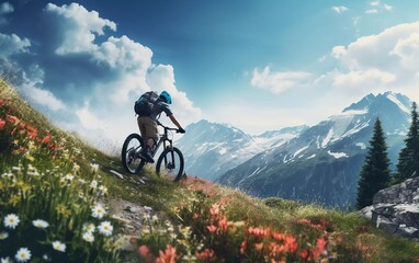 Realistic photo of mountain biker riding a bicycle in spring mountain landscape. generative ai