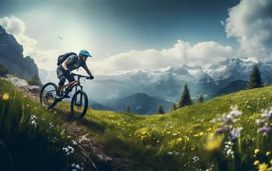 Schilderijen op glas Realistic photo of mountain biker riding a bicycle in spring mountain landscape. generative ai © KBL Sungkid