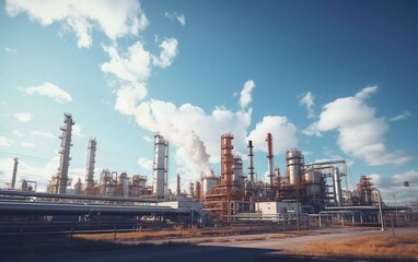 Realistic photo of a large oil refinery factory and gas pipeline network in the oil refining process, with a bright daylight background. generative ai