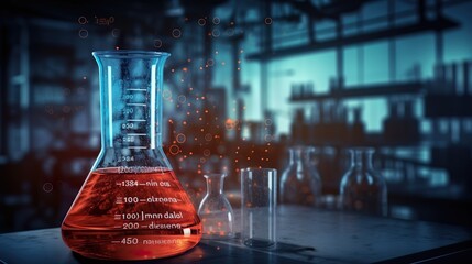 Scientist holding flask with lab glassware in chemical laboratory background.