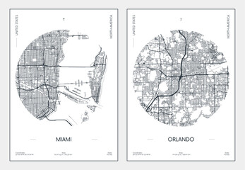 Fototapeta premium Travel poster, urban street plan city map Miami and Orlando, vector illustration