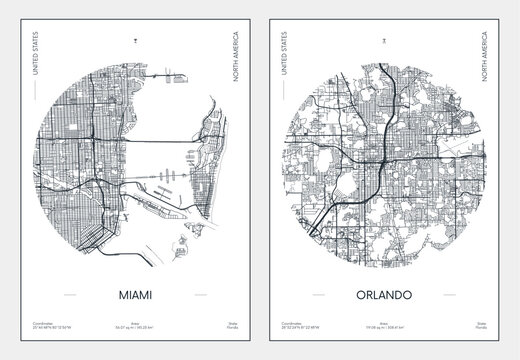 Travel poster, urban street plan city map Miami and Orlando, vector illustration