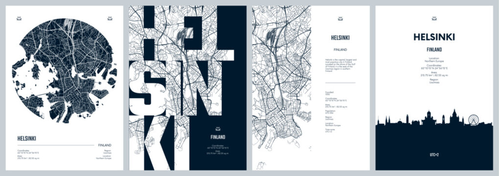 Set of travel posters with Helsinki, detailed urban street plan city map, Silhouette city skyline, vector artwork