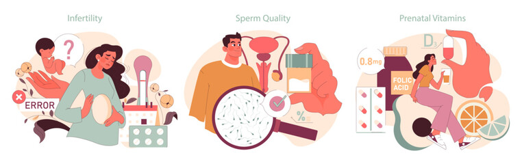 Reproductive Health set. A distressed woman contemplates infertility, a man examines sperm quality, a woman embraces prenatal vitamins. The journey to parenthood. Modern challenges. flat vector - obrazy, fototapety, plakaty
