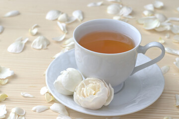 Rose petals tea with white rose in a white tea cup on the saucer top view with a copy space. On wooden table. Herbal drink alternative medicine concept.