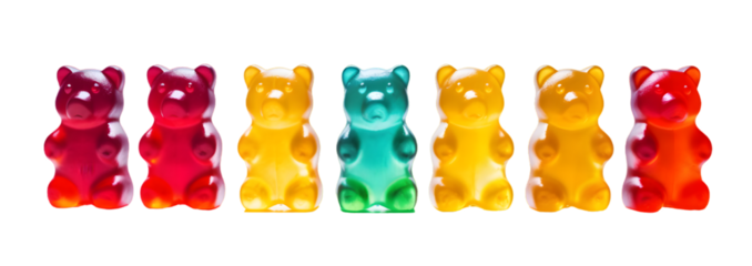 Row of sweet gummy bears painted in different colors isolated on transparent background