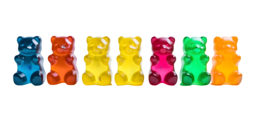 Row of sweet gummy bears painted in different colors isolated on transparent background