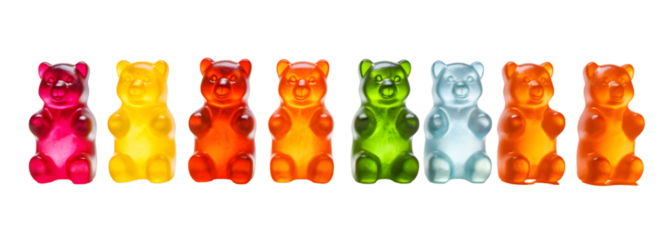 Row of sweet gummy bears painted in different colors isolated on transparent background