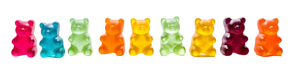 Row of sweet gummy bears painted in different colors isolated on transparent background - obrazy, fototapety, plakaty