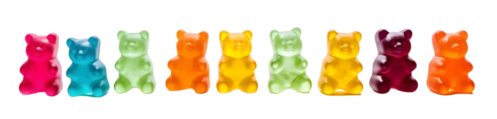 Tuinposter Row of sweet gummy bears painted in different colors isolated on transparent background © Oksana