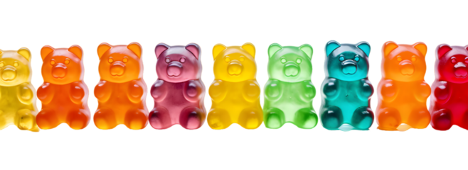 Row of sweet gummy bears painted in different colors isolated on transparent background