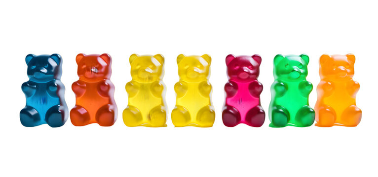 Row of sweet gummy bears painted in different colors isolated on transparent background