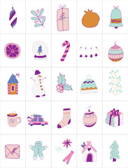 Advent calendar Bright Christmas. Winter holidays. Christmas attributes. Christmas banner. Vector illustration.