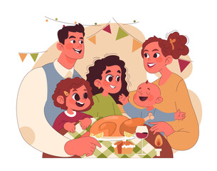 Joyful family celebrating Thanksgiving. American holiday dining and gathering. Happy children and parents spending time together. Flat vector illustration