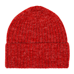 Heather red knitted winter bobble hat of traditional design flat lay isolated