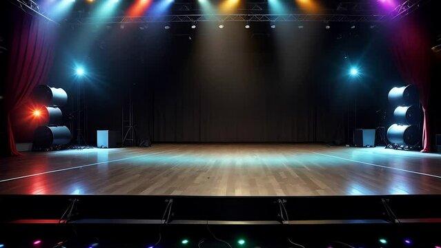 an empty stage for performances, illuminated by searchlights. copy space.
