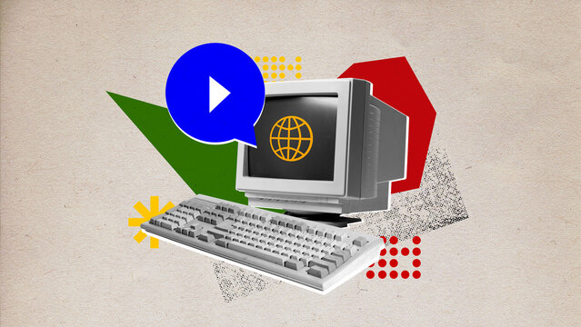 Poster. Contemporary art collage. retro personal computer with sign of network and sign of video content isolated background craft-paper effect.