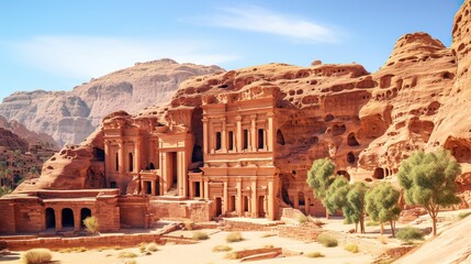 Fototapeta na wymiar Landscape of the ancient temple in Petra against the backdrop of sunset. For your design