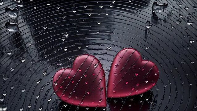 two red hearts with raindrops in shape hearts, illuminated by warm light on dark rainy background.