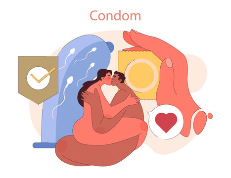 Types of Contraception. Intimate couple with a condom symbolizes safe love, highlighting responsible birth control choices. Flat vector illustration