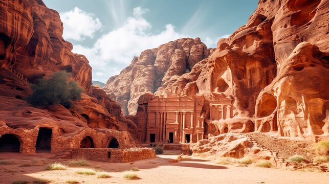 Landscape of the ancient temple in Petra against the backdrop of sunset. For your design