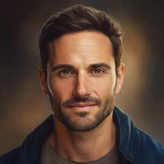 Obraz premium Portrait of an adult man in his 30s headshot photograph. Warm and friendly face with a dark out-of-focus background