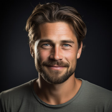 Portrait of an adult man in his 30s headshot photograph. Warm and friendly face with a dark out-of-focus background