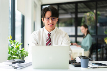 Fototapeta premium Businessman working to typing finance data of business on laptop in modern workplace with colleague