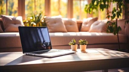 Open laptop on table in living room, work from home concept