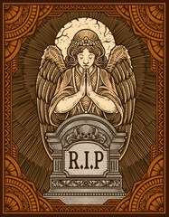 Illustration vector angels praying at the tombstone with engraving ornament frame