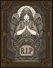 Fototapeta na wymiar Illustration vector angels praying at the tombstone with engraving ornament frame
